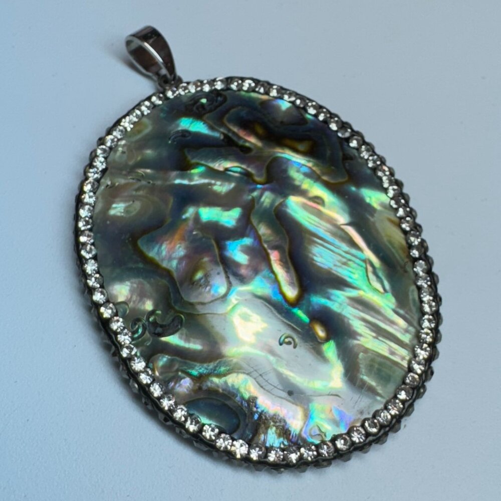 Silver Tone Large Oval Pendant Medallion Mother of Pearl Abalone Glass Stones